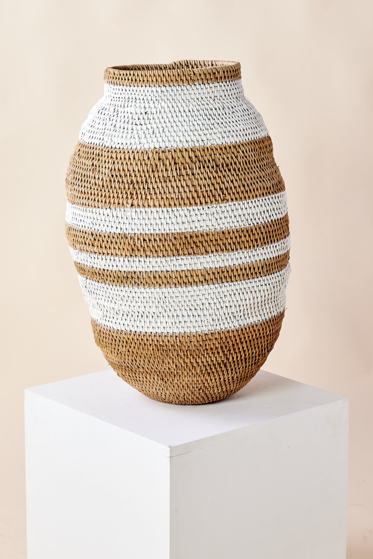 White Striped Buhera Basket-Baskets & Vessels-Parc Decor