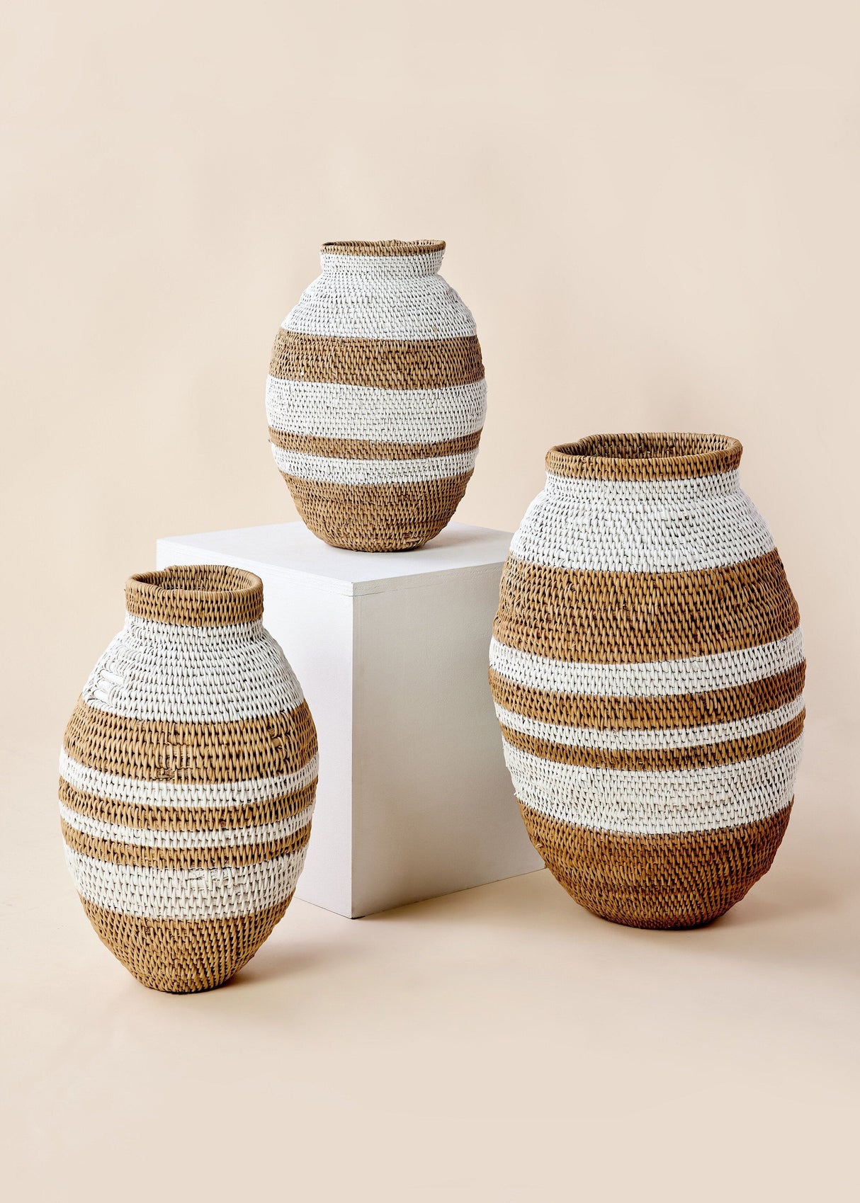White Striped Buhera Basket-Baskets & Vessels-Parc Decor