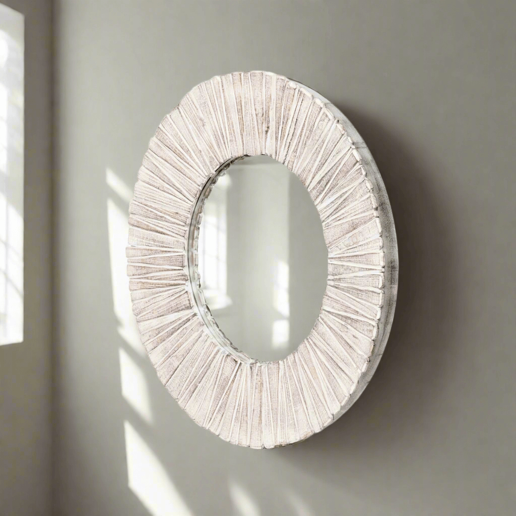 Whitewashed Wood Slat Round Wall Mirror-Wall Mirror-Parc Decor