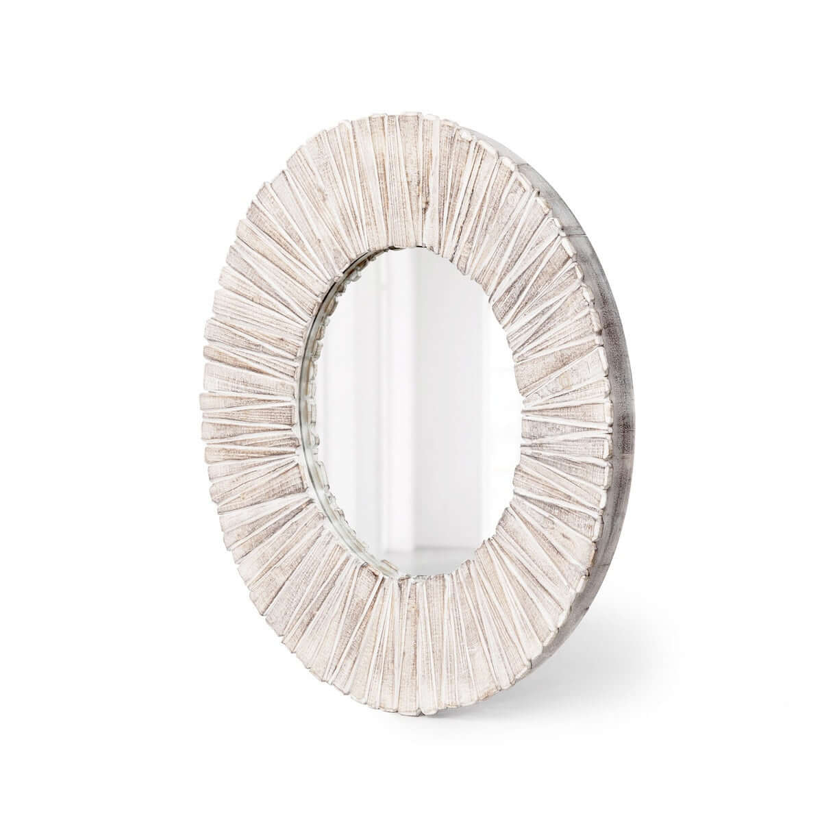 Whitewashed Wood Slat Round Wall Mirror-Wall Mirror-Parc Decor