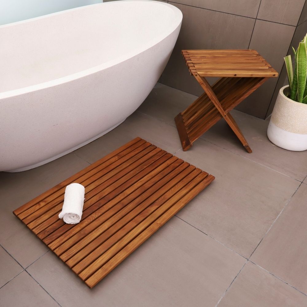 Winchester Teak Shower and Bath Folding Stool with Horizontal Slats-Parc Decor