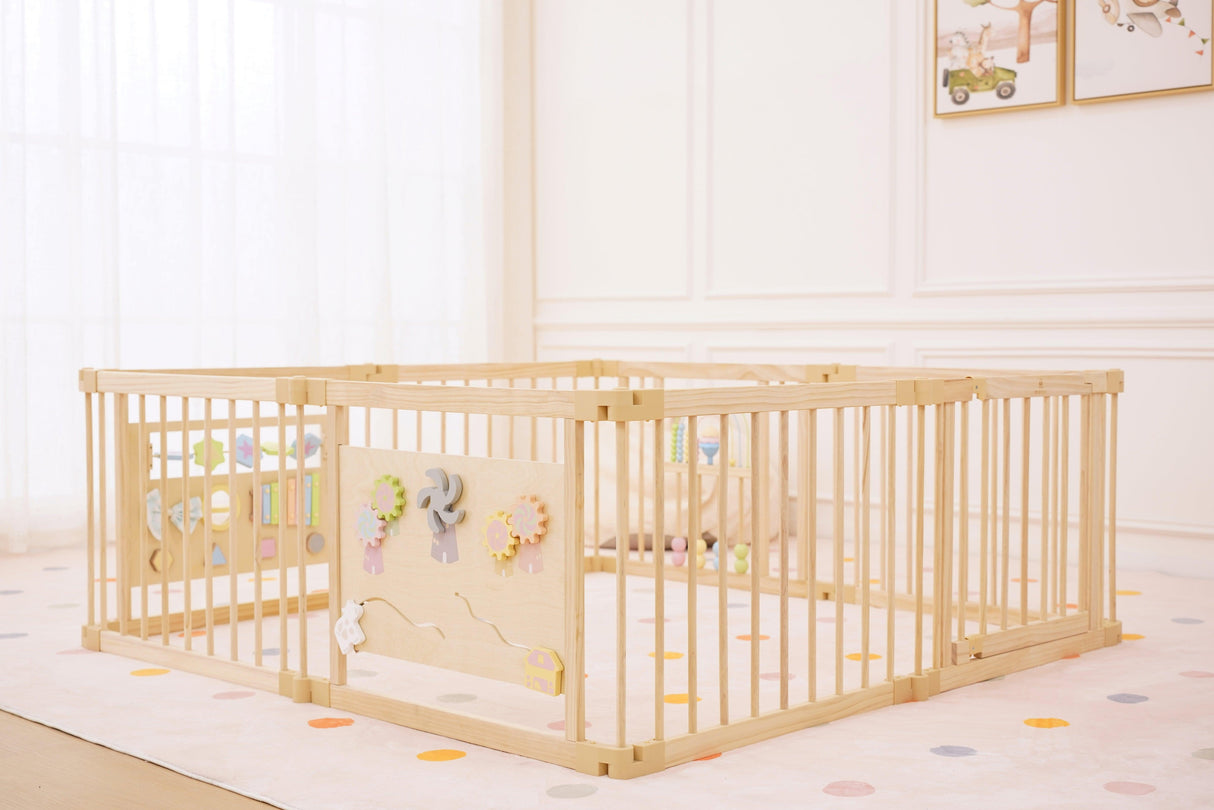 Wooden Baby Playpen with Sensory Activity Panels – 63" x 63" Square, Foldable Indoor Play Yard with Montessori Toys