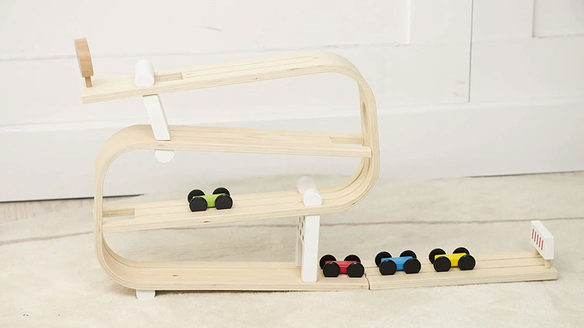 Wooden Car Ramp Racer | 4-Level Montessori Race Track Toy for Toddlers with Cars