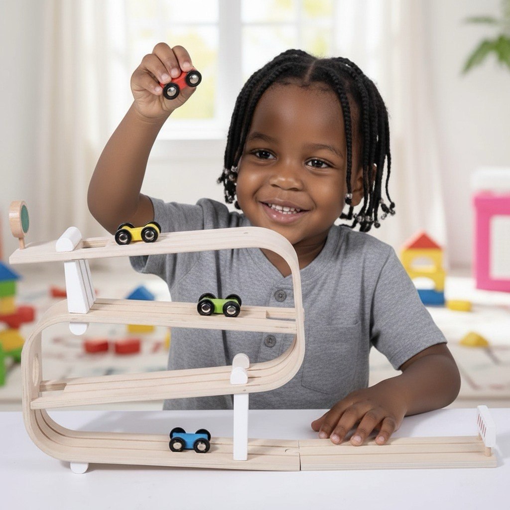 Wooden Car Ramp Racer | 4-Level Montessori Race Track Toy for Toddlers with Cars