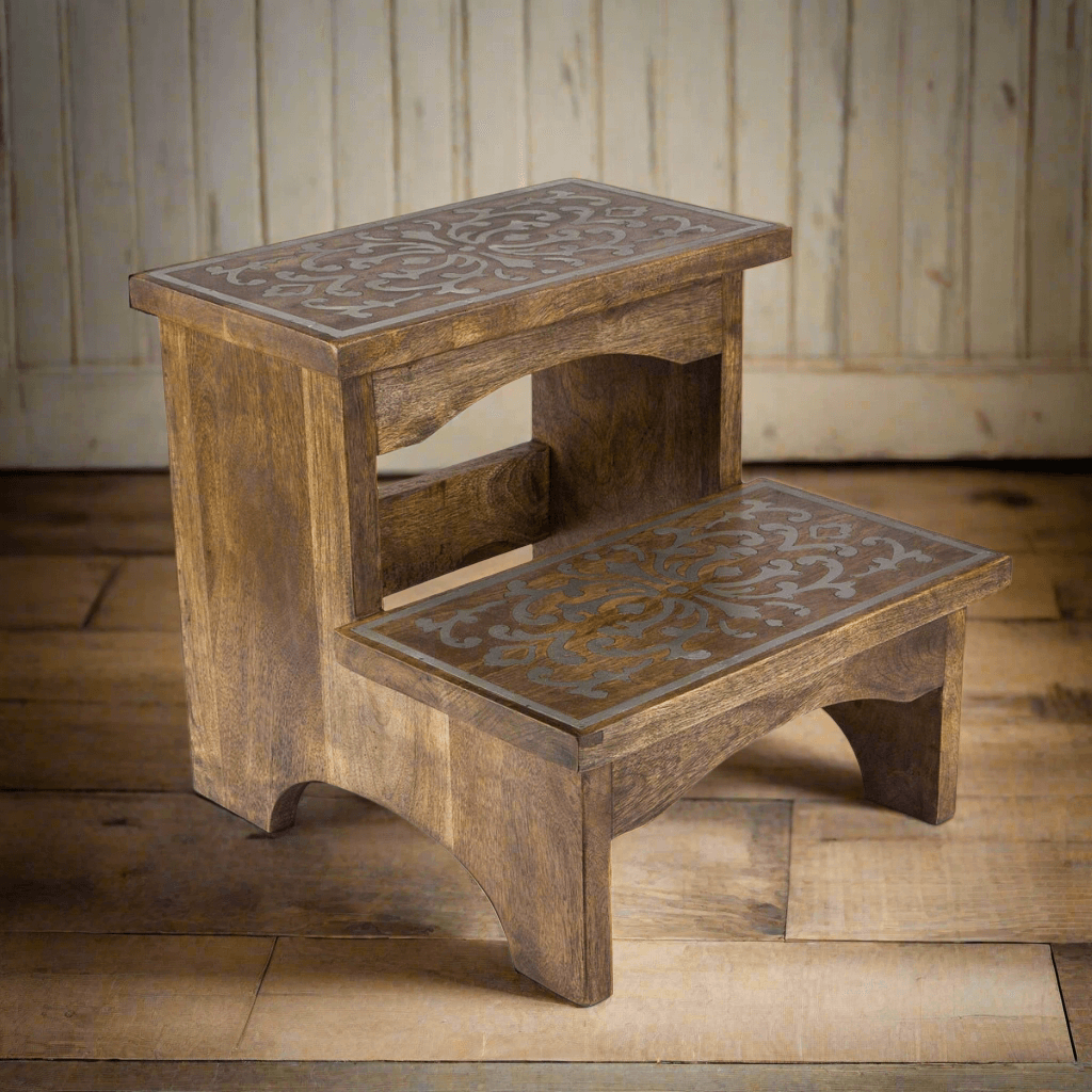 Wooden Step Stool with Decorative Metal Inlay-Step Stool-Parc Decor