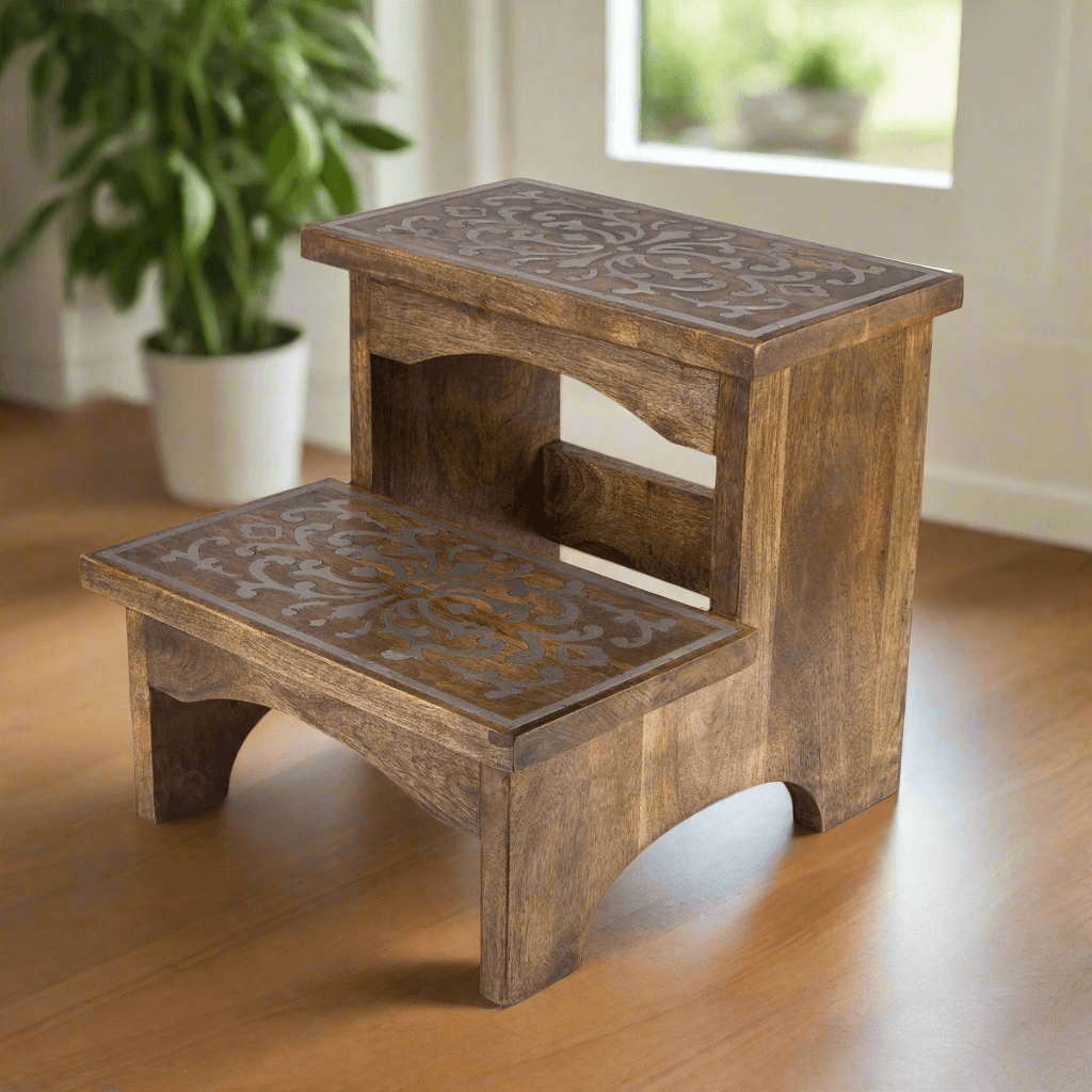 Wooden Step Stool with Decorative Metal Inlay-Step Stool-Parc Decor