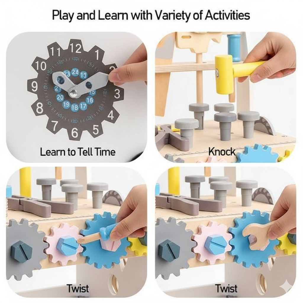 Wooden Tool Walker for Kids 3+ | Push Wagon with Toy Tool Set, Gears, Clock & Storage