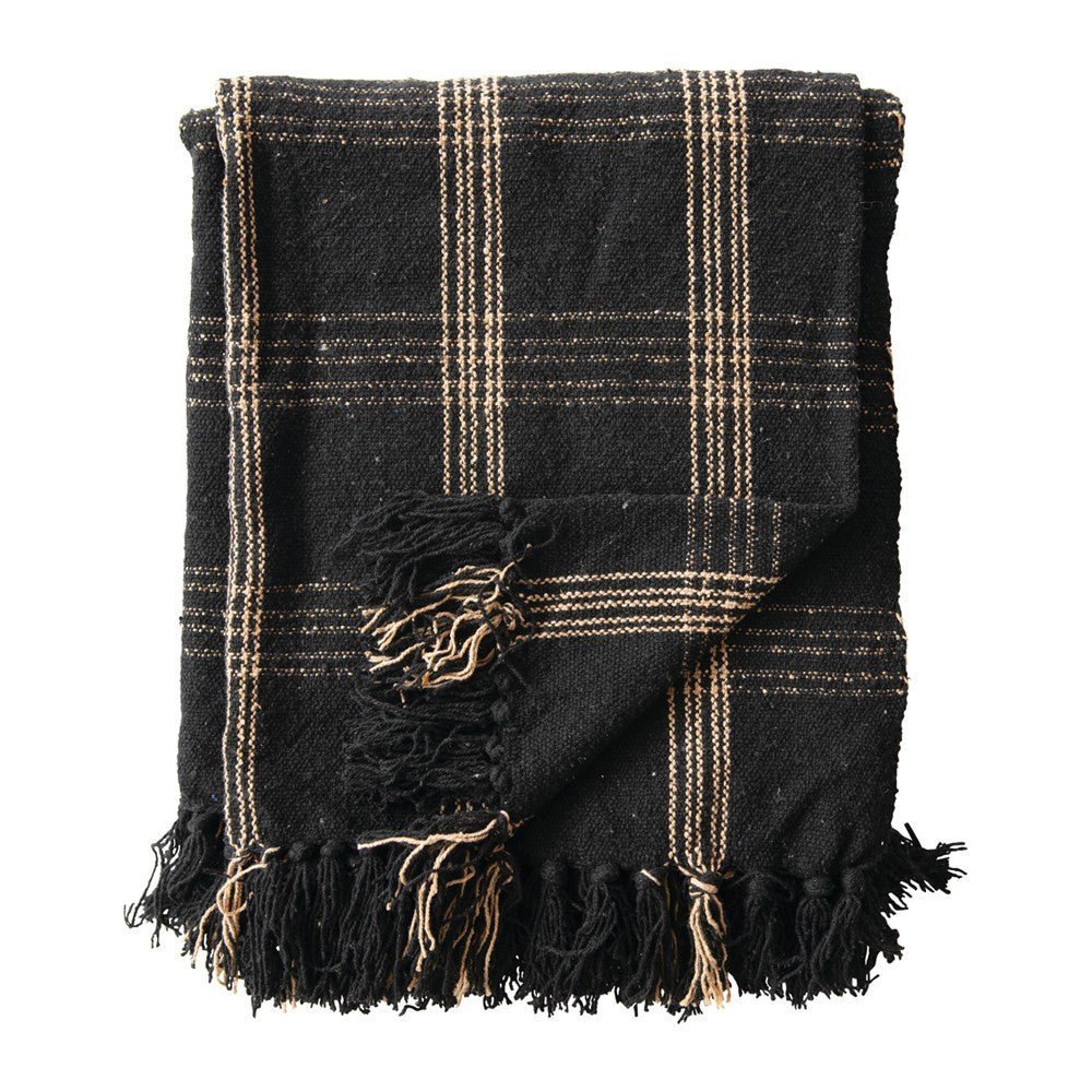 Woven Cotton Blend Throw Blanket with Fringe, Black & Tan Plaid-Throw Blankets-Parc Decor