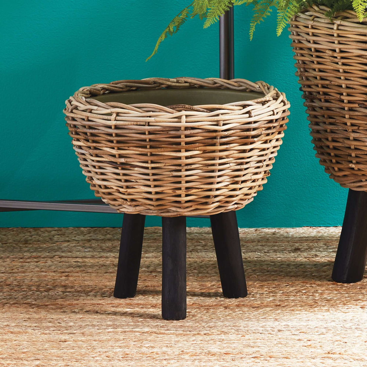 Woven Rattan Planter with Plastic Pot and Wood Legs-Plant Stand-Parc Decor