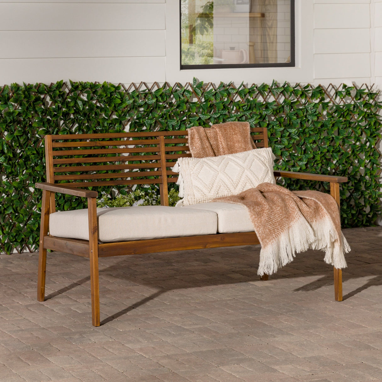 Zander Mid-Century Modern Acacia Outdoor Slat-Back Loveseat-Outdoor-Parc Decor