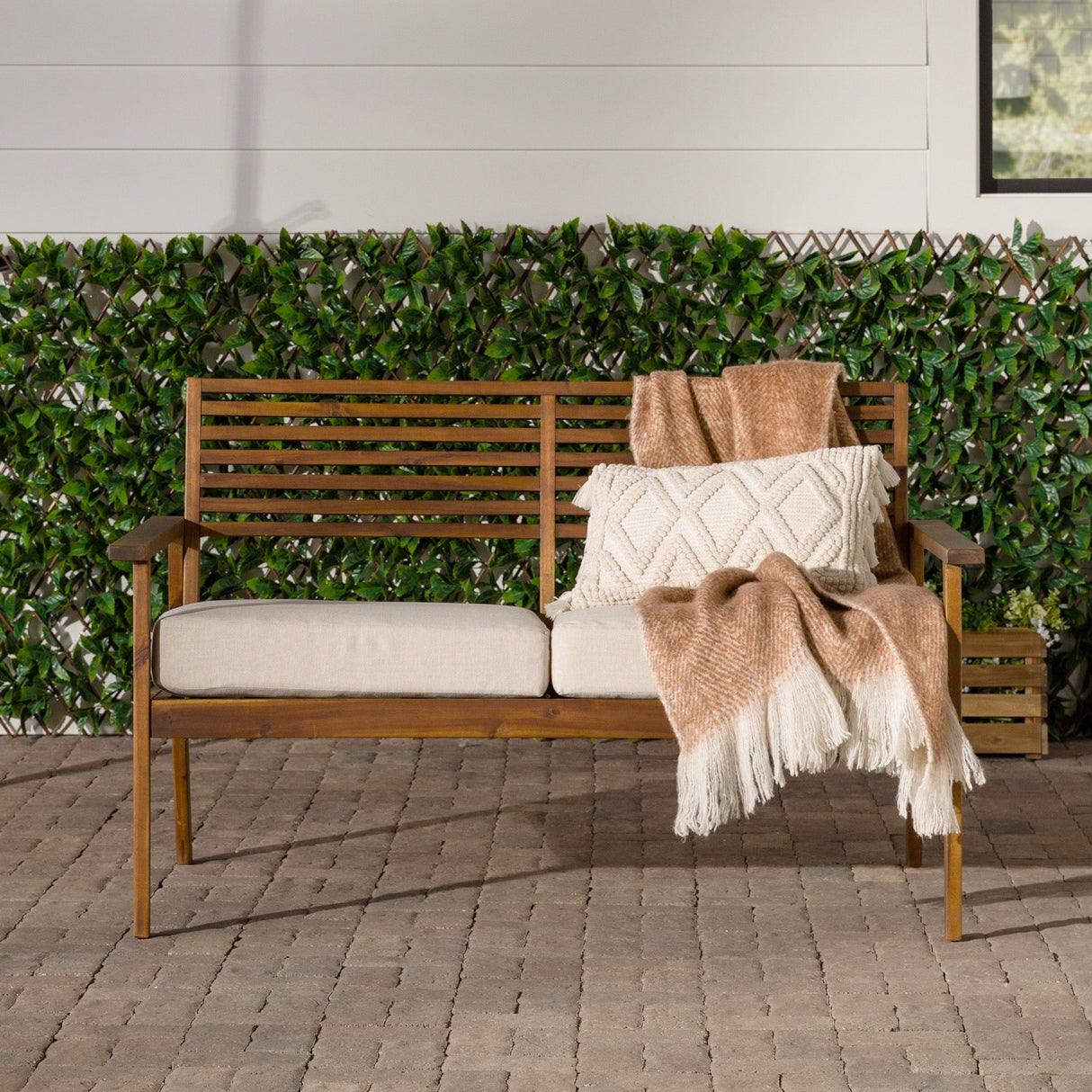 Zander Mid-Century Modern Acacia Outdoor Slat-Back Loveseat-Outdoor-Parc Decor