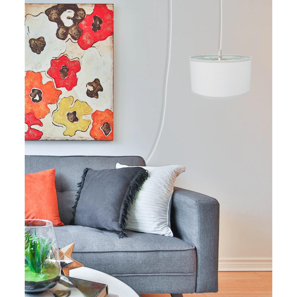 1 Light Swag Plug-In Pendant 18"w White Linen Shade, 17' White Cord