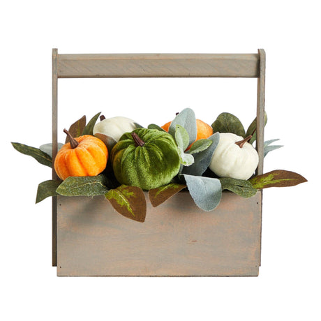 10” Fall Pumpkin Artificial Autumn Arrangement in Wood Basket-Arrangement-Parc Decor
