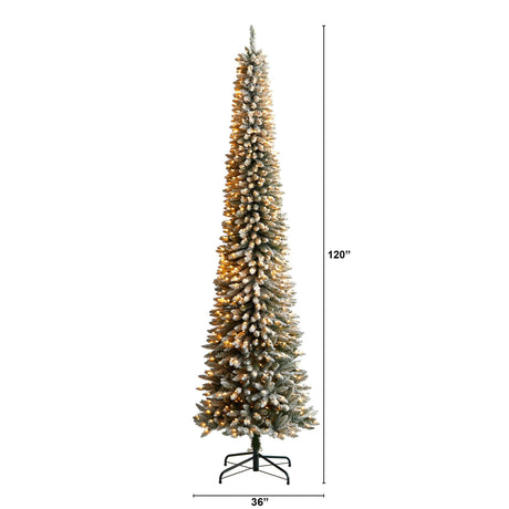 10’ Flocked Pencil Artificial Christmas Tree with 700 Clear Lights and 1145 Bendable Branches-Christmas Tree-Parc Decor
