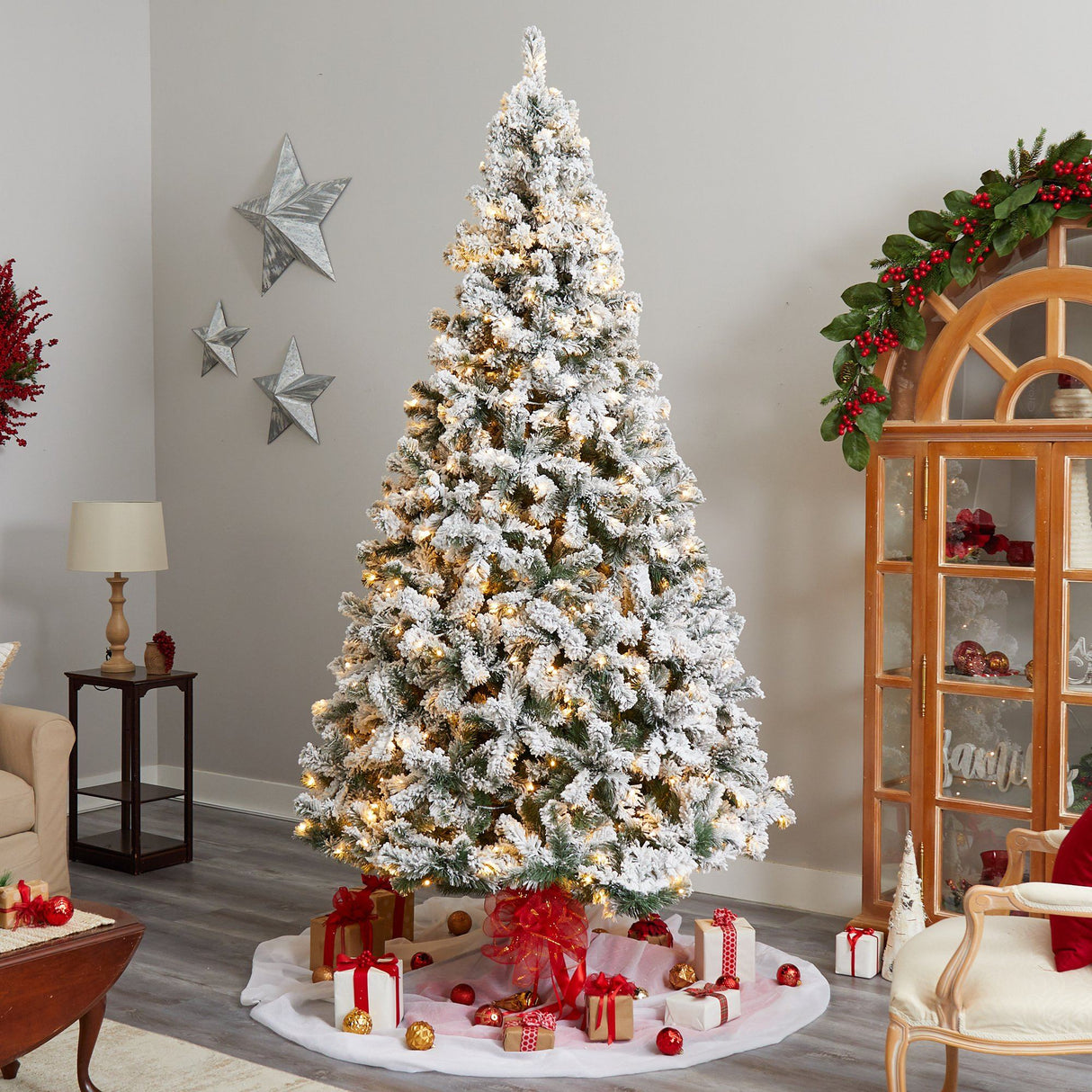 10' Flocked West Virginia Fir Artificial Christmas Tree with 800 Warm White LED Lights and 1680 Tips-Christmas Tree-Parc Decor