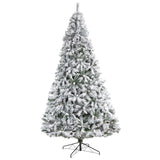 10' Flocked White River Mountain Pine Christmas Tree with Pinecones and 800 Clear LED Lights-Christmas Tree-Parc Decor