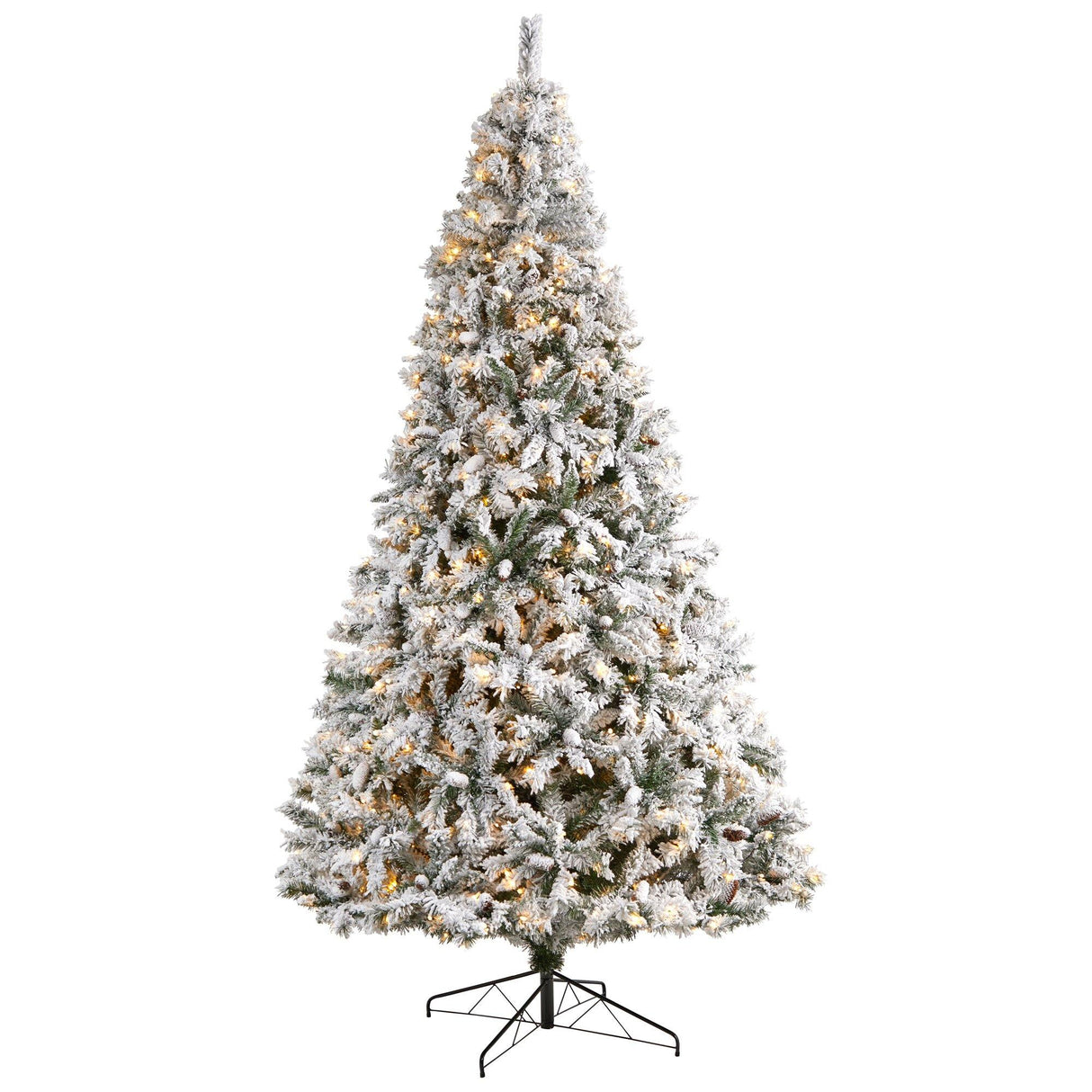 10' Flocked White River Mountain Pine Christmas Tree with Pinecones and 800 Clear LED Lights-Christmas Tree-Parc Decor