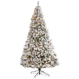 10' Flocked White River Mountain Pine Christmas Tree with Pinecones and 800 Clear LED Lights-Christmas Tree-Parc Decor