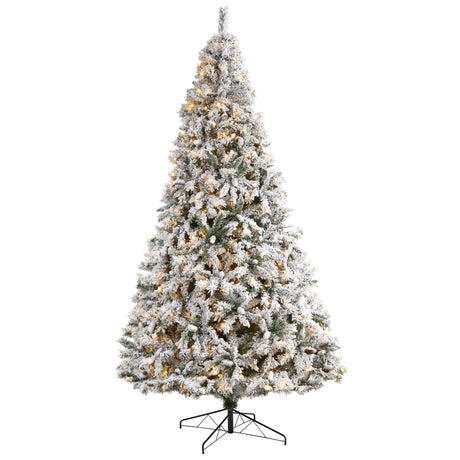 10' Flocked White River Mountain Pine Christmas Tree with Pinecones and 800 Clear LED Lights-Christmas Tree-Parc Decor