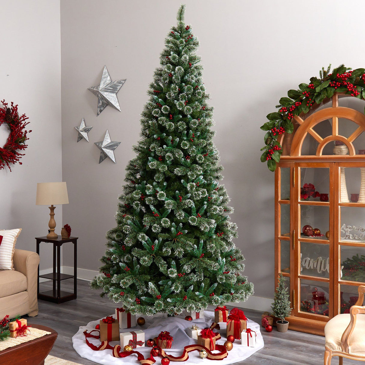 10’ Frosted Swiss Pine Artificial Christmas Tree with 850 Clear LED Lights and Berries-Christmas Tree-Parc Decor