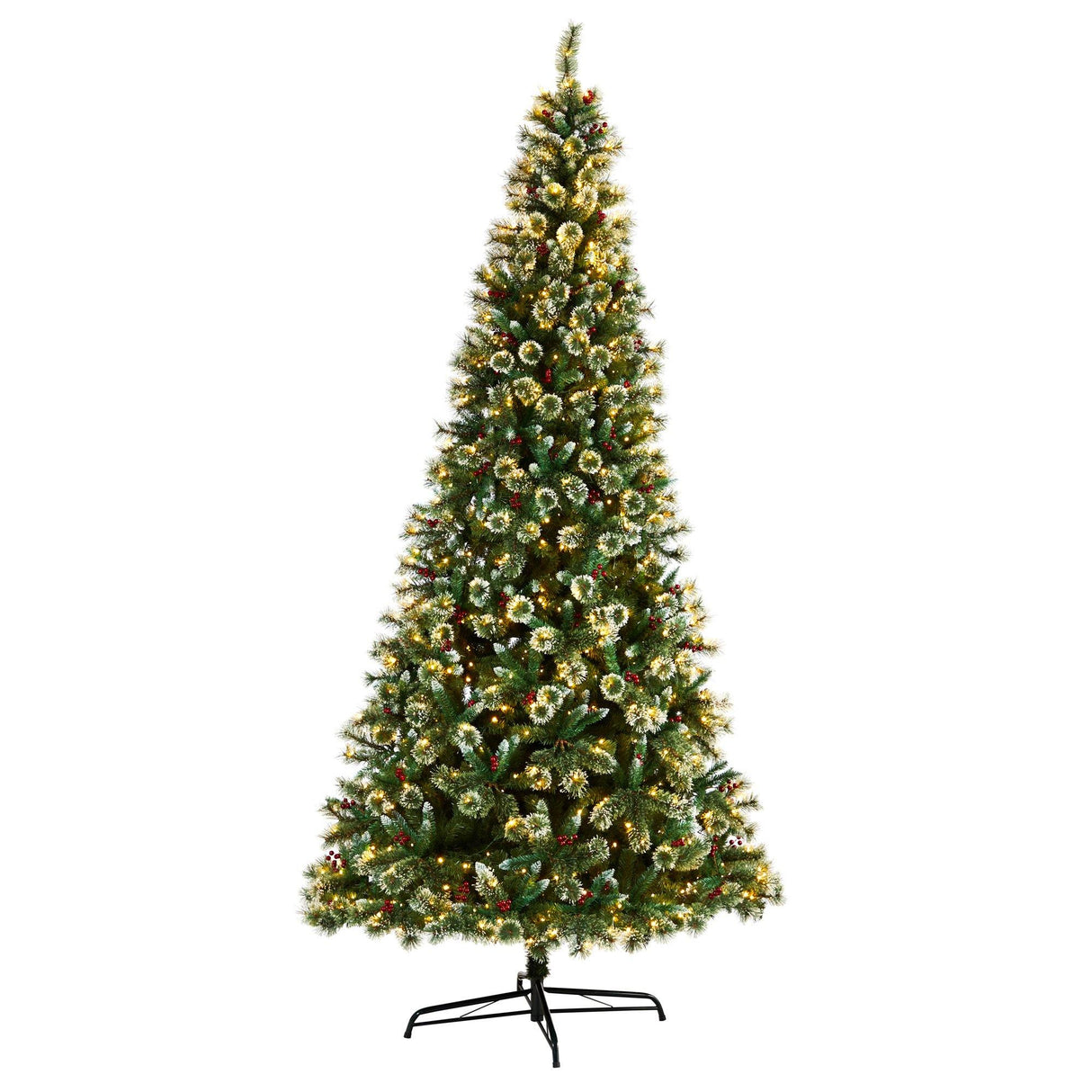 10’ Frosted Swiss Pine Artificial Christmas Tree with 850 Clear LED Lights and Berries-Christmas Tree-Parc Decor