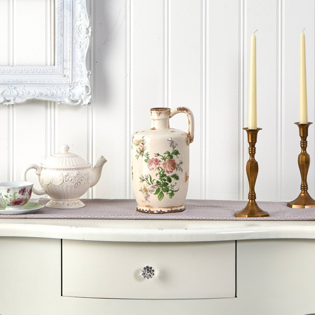 10” Tuscan Ceramic Floral Print Pitcher-Vase-Parc Decor