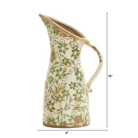 10” Tuscan Ceramic Green Scroll Pitcher Vase-Vase-Parc Decor
