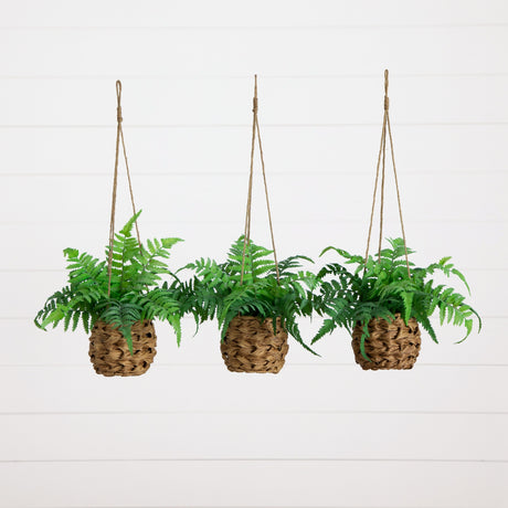 10” UV Resistant Artificial Boston Fern in Hanging Wicker Basket (Indoor/Outdoor) - Set of 3-Plant-Parc Decor