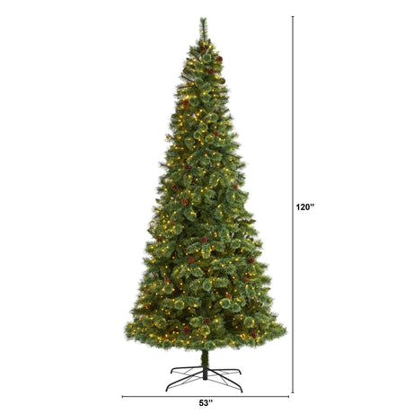 10’ White Mountain Pine Artificial Christmas Tree with 850 Clear LED Lights and Pine Cones-Christmas Tree-Parc Decor