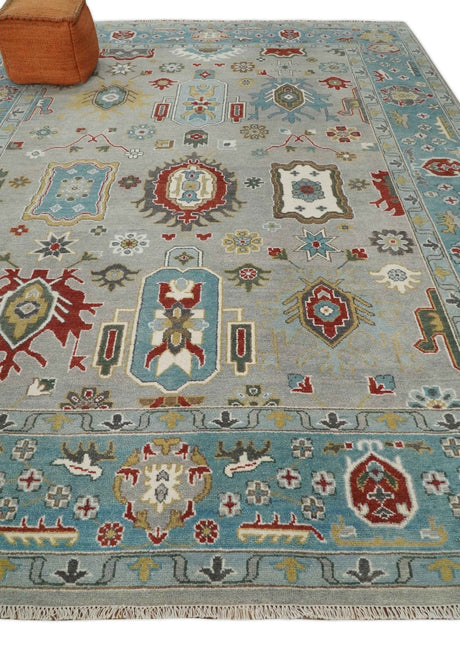 10x14 All Wool Traditional Silver and Blue Vibrant Colorful Hand knotted Oushak Area Rug-Area Rug-Parc Decor