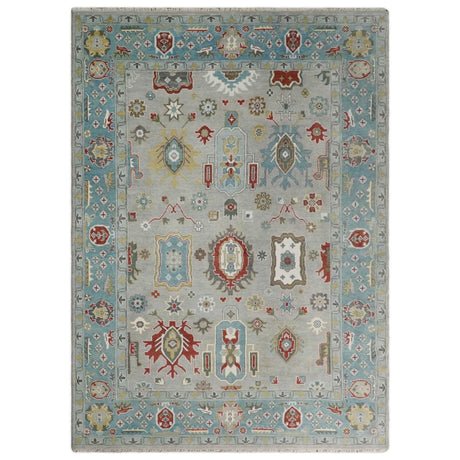 10x14 All Wool Traditional Silver and Blue Vibrant Colorful Hand knotted Oushak Area Rug-Area Rug-Parc Decor