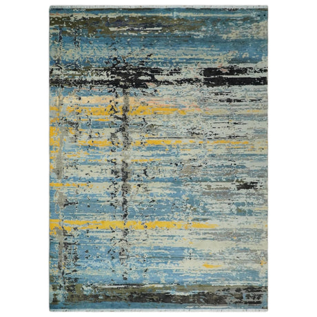 10x14 Fine Hand Knotted Blue and Black Modern Abstract Style Antique Wool and Silk Area Rug | AGR49-Area Rug-Parc Decor