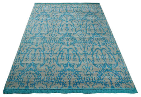 10x14 Hand Knotted Beige and Blue Modern Contemporary Bamboo Silk Area Rug