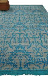 10x14 Hand Knotted Beige and Blue Modern Contemporary Bamboo Silk Area Rug