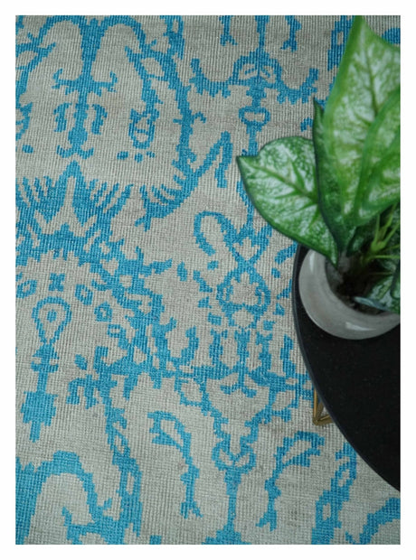 10x14 Hand Knotted Beige and Blue Modern Contemporary Bamboo Silk Area Rug