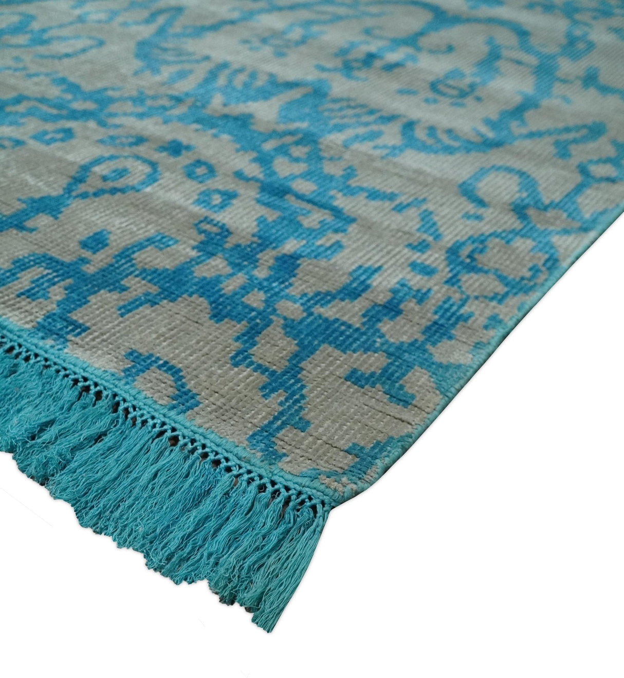 10x14 Hand Knotted Beige and Blue Modern Contemporary Bamboo Silk Area Rug