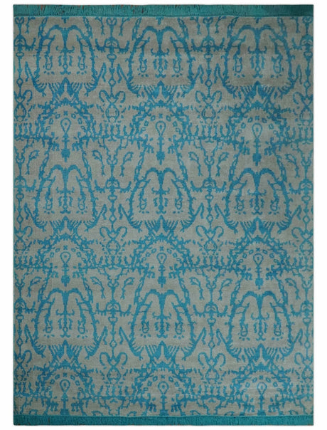 10x14 Hand Knotted Beige and Blue Modern Contemporary Bamboo Silk Area Rug