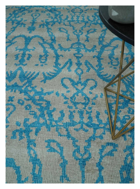 10x14 Hand Knotted Gray and Blue Modern Contemporary Southwestern Tribal Trellis Bamboo Silk Area Rug | OP34-Area Rug-Parc Decor
