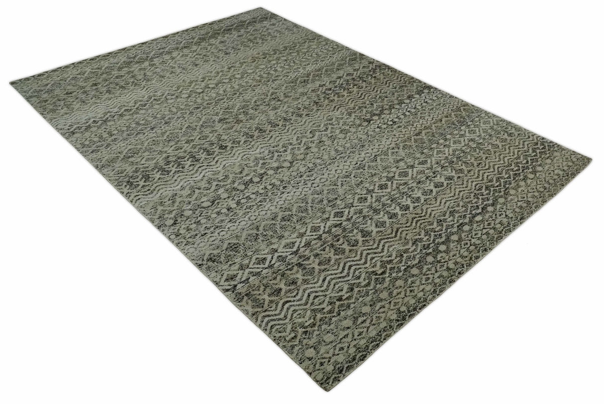 10x14 Hand Knotted Ivory and Black Modern Contemporary Southwestern Recycled Silk Area Rug