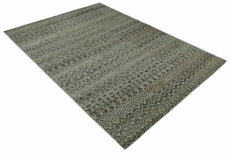 10x14 Hand Knotted Ivory and Black Modern Contemporary Southwestern Recycled Silk Area Rug
