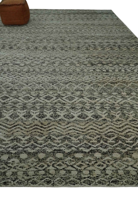 10x14 Hand Knotted Ivory and Black Modern Contemporary Southwestern Recycled Silk Area Rug