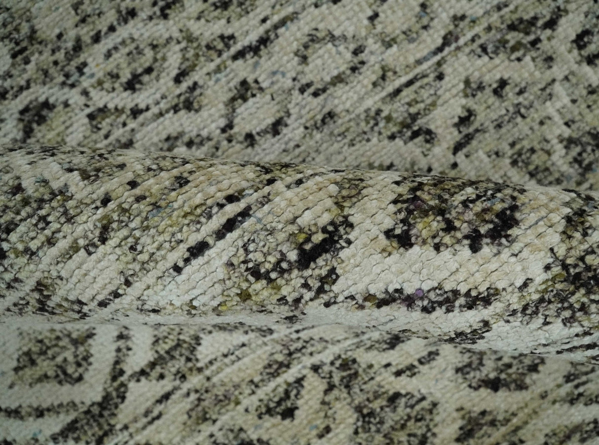 10x14 Hand Knotted Ivory and Black Modern Contemporary Southwestern Recycled Silk Area Rug