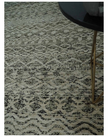 10x14 Hand Knotted Ivory, Black and Olive Modern Contemporary Southwestern Tribal Trellis Recycled Silk Area Rug | OP50-Area Rug-Parc Decor