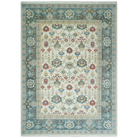 10x14 Hand Knotted Ivory, Camel and Teal Persian Oushak Wool Area Rug | TRDCP8941014-Area Rug-Parc Decor