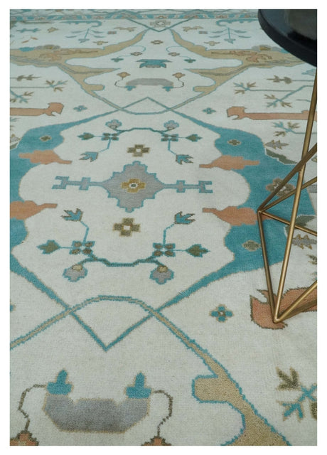 10x14 Ivory and Teal Hand knotted Oriental Oushak Traditional Wool Area Rug-Area Rug-Parc Decor