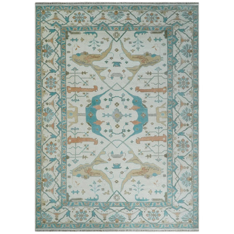 10x14 Ivory and Teal Hand knotted Oriental Oushak Traditional Wool Area Rug-Area Rug-Parc Decor