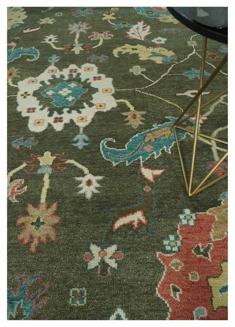 10x14 Wool Traditional Persian Olive and Ivory Vibrant Colorful Hand knotted Oushak Area Rug | TRDCP10621014-Area Rug-Parc Decor