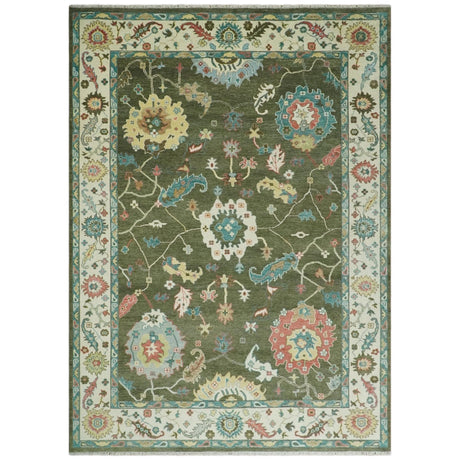 10x14 Wool Traditional Persian Olive and Ivory Vibrant Colorful Hand knotted Oushak Area Rug | TRDCP10621014-Area Rug-Parc Decor