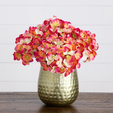 11” Artificial Hydrangea Arrangement in Gold Metal Vase-Arrangement-Parc Decor