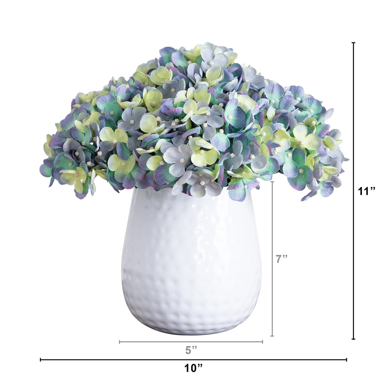 11” Artificial Hydrangea Arrangement in White Metal Vase-Arrangement-Parc Decor